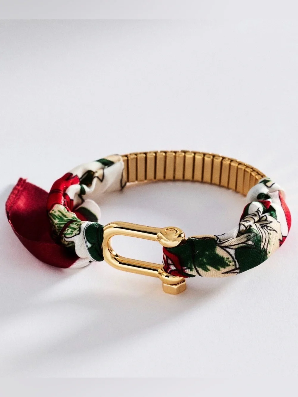 Anthropologie Printed Fabric Bracelet Wine Motif Gold Plated Stretch One Size